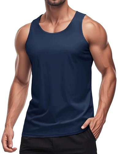 MAGCOMSEN Herren Leicht Achselshirt Sommer Tank Top Stringer Fitnessshirt Herren Quick Dry Atmungsaktiv Shirt für Wandern Laufen Rundhals Casual T-Shirt Dunkelblau L