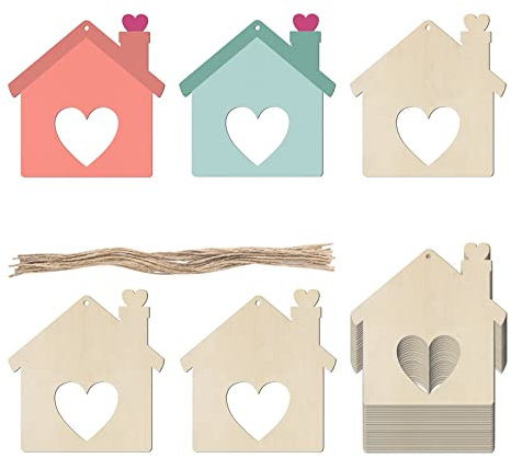 Herz aushöhlen Haus hängende Holzhaus unlackiertes Holz mit Bindfäden DIY Handwerk Ornament für Weihnachten Hochzeit Geburtstag Thanksgiving Party Dekoration 20 Stück