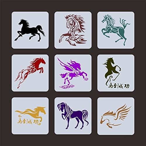 Wiederverwendbare Schablonen zum Malen auf Holz, 9 Stück, 13 x 13 cm, Tiere, Pferd, Zeichnung, Kunstvorlage für Scrapbooking, wiederverwendbare Schablonen, Wanddekoration