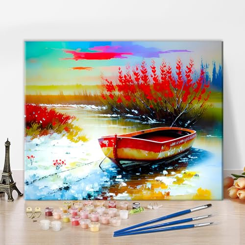 TISHIRON DIY Paint by Number for Adults Boat Paint by Number Kits on Canvas with Brushes Color by Number Art Crafts for Home Canvas Gifts 16x20(Frameless)