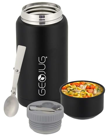 BRENTWOOD GEOJUG FTS-750BK Vacuum-Insulated Stainless Steel Food Jar with Bowl and Folding Spoon, Black (25 Oz.)