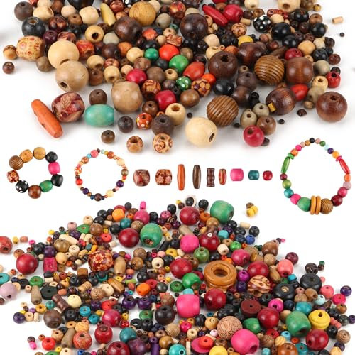 600 Stück Holzperlen Natur Holz Perlen Basteln Gemalt Bastelperlen Verschiedene Formen Holz Perlen zum Auffädeln HolzKugeln für DIY Schmuck, Armbänder, Dekorationen