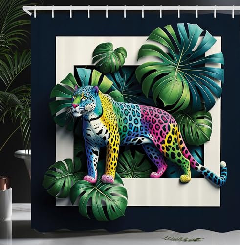 ABAKUHAUS Leopard Duschvorhang, Abstraktes mehrfarbiges Wildtier des Dschungels mit Monstera Blättern Modern Exotisch, Stoffliches Gewebe mit Haken, 175 x 200 cm, Lorbeergün Schwarz Tan