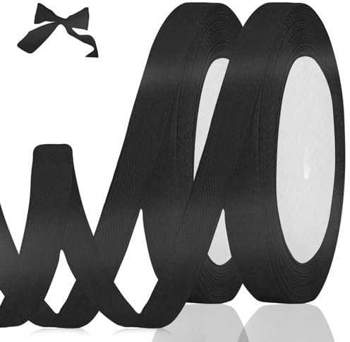 luckaide Satinband Schwarz, 44 Meters Seidenband, 10MM Breit Geschenkband Schwarz, Schwarz Band, Satinband Schwarz, für Hochzeit, Taufe, Geburtstag Geschenke, Blumensträuße und Nähprojekt