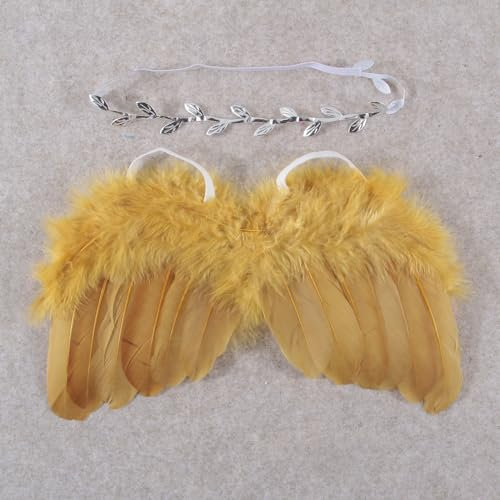 Wambere Accesorios de fotografía para recién nacidos, disfraz de sesión de fotos de bebé, plumas de alas de ángel, hojas de plata, cinta para el pelo Newborn Photography Props Baby Fotografía