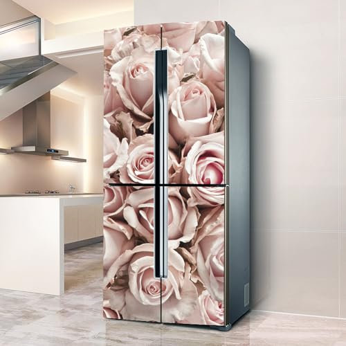Fridge Wraps Kitchen Fridge Stickers Cover Full Doors, Fridge Sticker Full Covering Door Fridge Covers Skins Wall Stickers for Kitchen Decal, Romantic Pink Rose