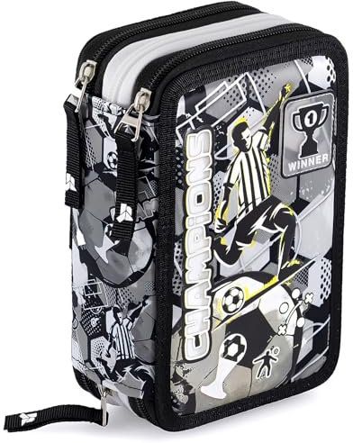 Julian Ross 3-Fach Federmäppchen für Jungen – 45-teilig, komplett gefüllt – mit 2 löschbaren Gelstiften, Schere, Kleber, Buntstiften – Fußball-Design Weiß Schwarz – ideal für Schule & als Geschenk