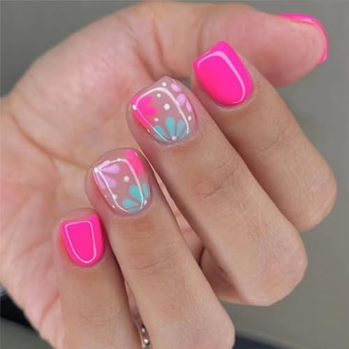 Calkrer Lot de 24 faux ongles courts carrés à presser avec motif floral rose bleu clair vernis mignons réutilisables avec colle