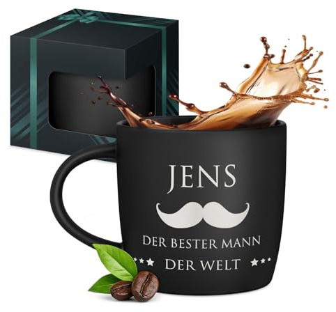 Maverton Keramik Kaffeetasse 400ml mit Gravur - personalisierter Kaffeebecher aus Matt Keramik mit Henkel - Trinkbecher für Männer zum Geburtstag zu Weihnachten - matt schwarz - Innen schwarz - Mann
