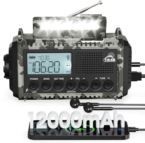 Roxicosly Emergency Wind Up Radio,12000mAh Rechargeable Solar Hand Crank Radio,Portable AM/FM/SW Radio with Torch & Reading Lamp,USB Charger,SOS Alarm,IPX6,Headphone Jack for Camping,Hiking,Work Grey