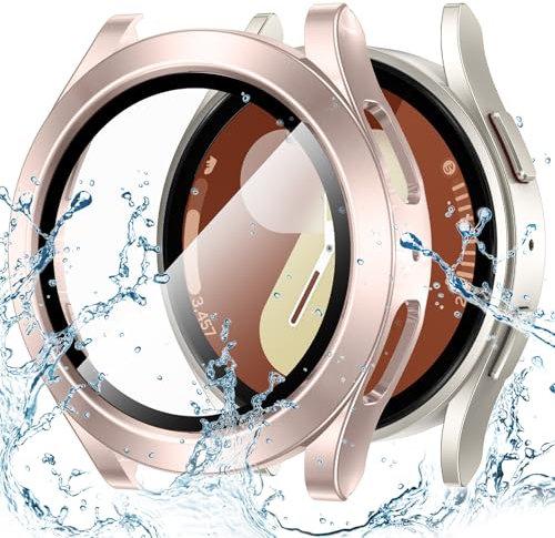 Kamita Coque Étanche Compatible avec Samsung Galaxy Watch 7 40mm,Dur PC Bumper Case avec Protecteur d'écran en Verre Trempé, Antichoc Étui de Protection Imperméable Housse pour Galaxy Watch7(Or Rose)