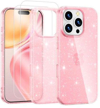 Noyabox for iPhone 16 Pro Clear Glitter Case with 2 Screen Protectors, Sparkling Soft Transparent TPU Bumper Scratch-Resistant for Women and Girls, Pink