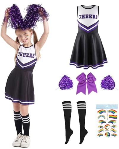 PASLFC Cheerleader Kostüm, Cheerleadering Outfit, Cheerleading Uniform Kleid, Cheer Outfit mit Pompoms Socken, Kostüm Cheerleader für Karneval Halloween, Fasching, Mottoparty