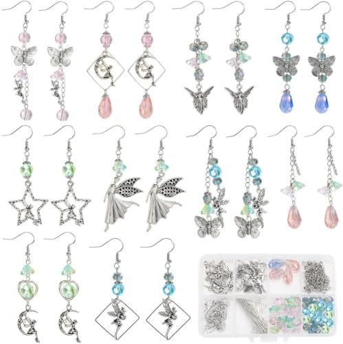 SUNNYCLUE DIY 10 Paar Ohrring Bastelsets Engelsflügel Anhänger Weihnachts | Schutzengel Anhänger Blumen Abstandshalter Aus Glas Für Schmuckherstellungssets Für Erwachsene DIY Ferienb