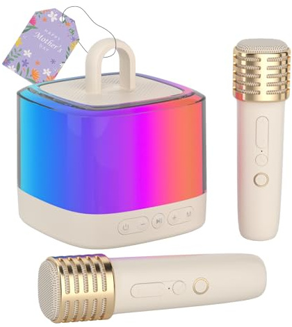 Mini-Karaoke-Maschine für Kinder und Erwachsene, mit 2 kabellosen Mikrofonen, tragbarer Bluetooth-Lautsprecher, mit RGB-Lichtern, für 3–12 Jahre alte Kinderspielzeuge, geeignet für Familienfeiern,