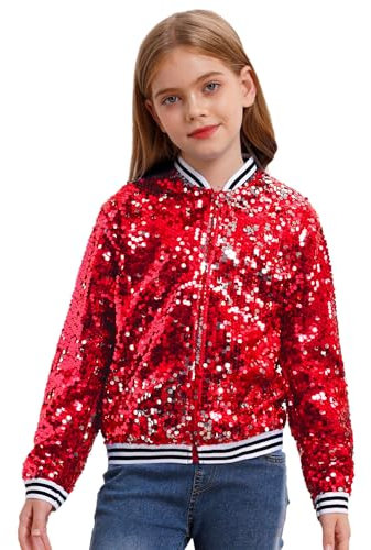 inhzoy Unisex Kinder Glänzende Pailletten Jacke Langarm Glitzer Bomberjacke Mit Reißverschluss Sport Freizeitjacke Streetdance Hip Hop Jacke Rot_A 122-128