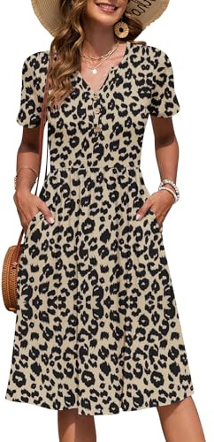 AUSELILY Vestido Verano Manga Corta Mujer Largo hasta La Rodilla Bolsillos | Cuello en V, Estilo Imperio Informal, Vestidos con Botones