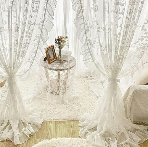 Romantische Prinzessin Schlafzimmer Weiß Leinen Tüll Stickerei Vorhänge mit Rüschen Spitze Französisch Stil Fensterdekoration