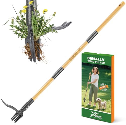 Ormalla Tagliaerba, manico lungo 1,1 m, rimozione denti di leone, manico in bambù naturale e 4 artigli in metallo, rimozione erbacce in posizione verticale, adatto per animali domestici [aggiornamento