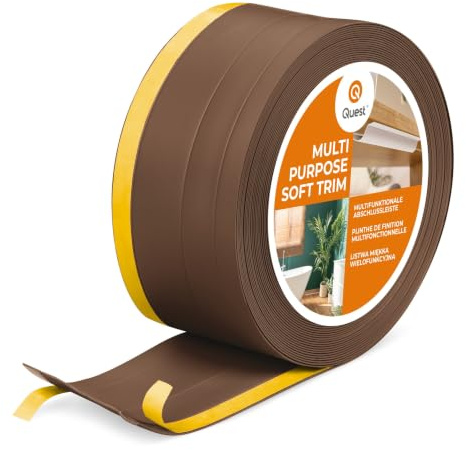 Quest Weichsockelleiste 4in1 PVC 120 mm selbstklebend - Braun, 10 m | Multifunktionsleiste mit Kabelkanal & Eckschutz, flexible Abschlussleiste, ohne Bohren für Wohnraum, Büro & Garage
