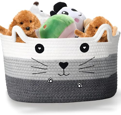 Tbczvx Cat Toy Box, 20*11CM Cat Toy Basket, Toy Storage Basket, Cute Grey White Storage Basket for Cat Toys and Small Items for Pet Toy Storage Home Organization Enthusiast