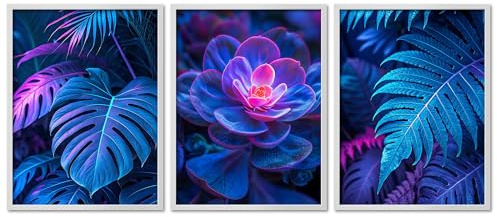 ARTFAVES® Poster Set - Futuristic Neon Plants Trio - 3-teilige Bildercollage Wohnzimmer, Schlafzimmer - moderne Wandbilder Wald, Pflanzen, lila, biolumineszenz - 30x40 cm - mit Rahmen Weiss