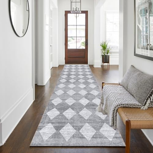 WTHYGB Teppichläufer 60 x 200 cm, rutschfest Waschbar | Küchenläufer mit Geometrie Design aus Polyester, 6mm Dicke für Flur, Eingang, Küche, Wohnzimmer & Büro, Schwarzweiß