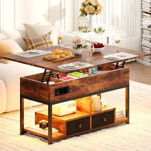 IRONCK Couchtisch höhenverstellbarer Wohnzimmertisch mit LED Beleuchtung und Steckdosen, 2 AC,1 USB + 1 USB C Anschlüsse, Kaffeetisch Holz, 2 Schubladen, Umwandelbar Esstisch 100×80cm (Vintagebraun)