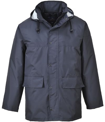 Portwest S437 Winter Traffic Jacket Multi Pocket Long Sleeve Pack Away Hood | Navy, Large, EN 343 Class 3:1, EN 342, 300D Oxford, Water Resistant, Safe Storage, Fully Lined, Two-Way Zip, Taped Seams