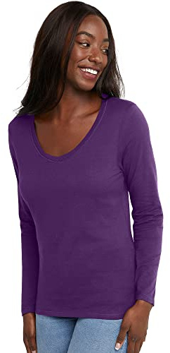 Hanes Women's Originals Long Sleeve Cotton V-Neck T-Shirt, Lightweight V-Neck Tee, Modern Fit Shirt (Pack of 1)