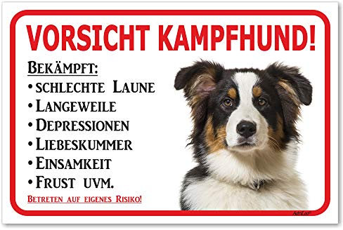 AdriLeo Schild - Vorsicht Australian Shepherd Tri-Color - Kampfhund - (20x30cm) / Aussie Achtung Hund Wachhund robust langlebig UV-beständig wetterfestes Warnschild