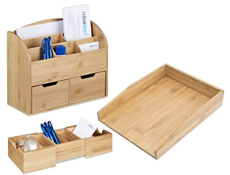 Relaxdays 3 tlg. Schreibtisch-Organizer Set Bambus, Karteikasten zum Ausziehen, Stehsammler mit 2 Schubladen, Briefablage, natur