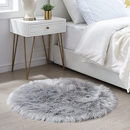 HEQUN Circular Faux Fur Sheepskin Style Rug Faux Fleece Chair Cover Seat Pad Soft Fluffy Shaggy Area Rugs For Bedroom Sofa Floor (Grey, 60 X 60 CM)