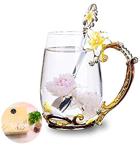 Tea Cup, Mother's Day Gifts, Coffee Mug Cups, Lily Flower Glass Tea Cup, Unique Personalized Birthday Present Ideas for Women Grandma Mom Teachers Hot Beverages 13OZ Orange