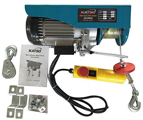 KATSU Polipasto eléctrico 400KG 1000W Cabrestante eléctrico con 18M Alambre de Acero y Control Remoto, Grúa de Elevación Eléctrico para Garaje, Tienda de Automóviles, Elevador de Techo