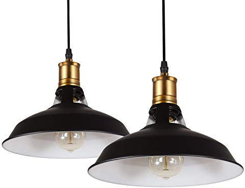 iDEGU 2 Piezas Lámparas Colgantes Vintage Lámpara de Techo Industrial Iluminación E27 Retro Luz Colgante para Cocina, Salón, Dormitorio, Comedor, Pasillo, Restaurante - 27CM (Negro, Interior Blanco)