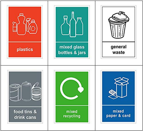 Paquete de 6 Pegatinas de Reciclaje para Papelera (A6-100 x 150 mm), Impermeables, para Alimentos, Plásticos, Papel y Cartón, Vidrio y Residuos Generales - Sara