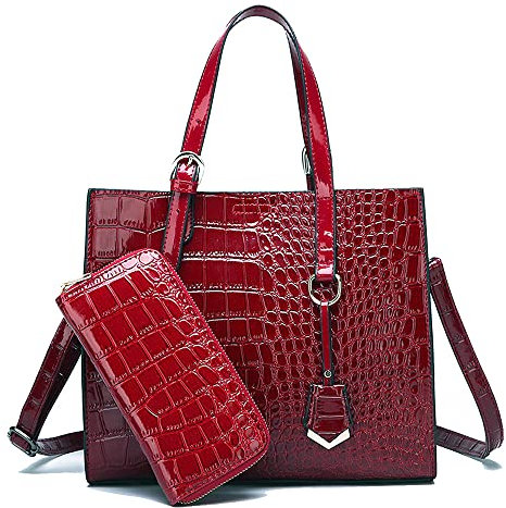 Coolives Damen Set Handtaschen mit 2 Stück Krokodil-Muster Schultertasche Umhängetasche Rot EINWEG