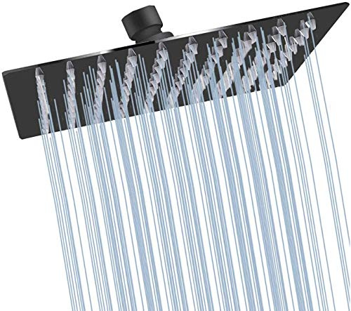 Black Shower Head GGStudy 6 inch Square Rain Shower Heads Stainless Steel High Pressure Ultra Thin Rainfall Bath Shower Self-cleaning Silicone Nozzle