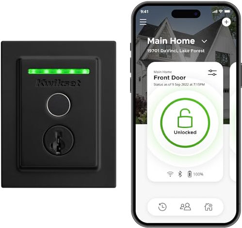 Kwikset Halo Touch 99590-004 Cadenas carré contemporain Wi-Fi avec clé de sécurité SmartKey Noir mat