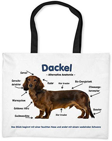 Merchandise for Fans Einkaufstasche - 50 x 38 cm, 19 Liter Schwarze Henkel - Motiv: Dackel/Teckel/Dachshund Alternative Anatomie - 07