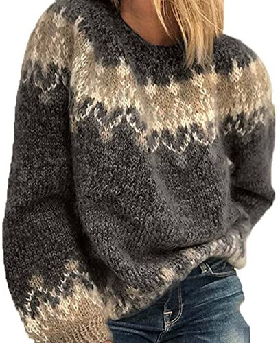 BeerMmay Damen Herbst Winter Rundhals Casual Lose Mohair Grobstrick Jacquard Damen Pullover, Schwarz, L