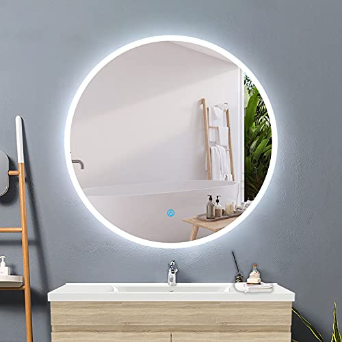 Round Bathroom Mirrors with Lights,700mm Large Anti fog Touch Sensor 6000K Cool White led Light Wall Mounted Vanity Mirrors IP44 Dustproof Waterproof-1.5cm
