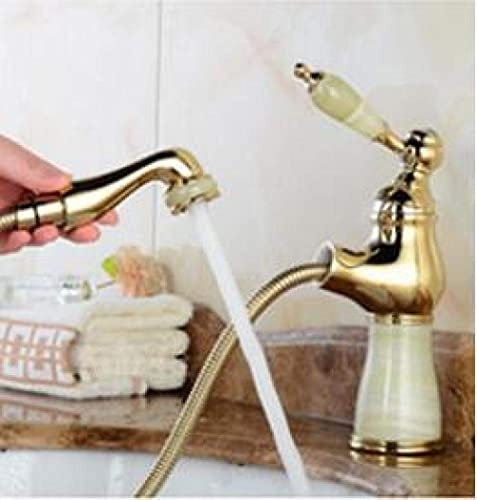 Pkfinrd Wasserhähne Badezimmer Spülbecken Mischbatterie Gold Messing und Jade Waschbecken Wasserhahn mit abnehmbarem Duschkopf - Weiße Jade