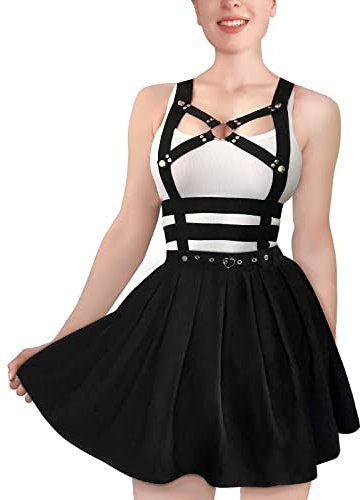 Littleforbig Overall Rock Strampler - Plissierter Bondage Abnehmbarer Pulloverrock, Schwarz, 4X-Groß