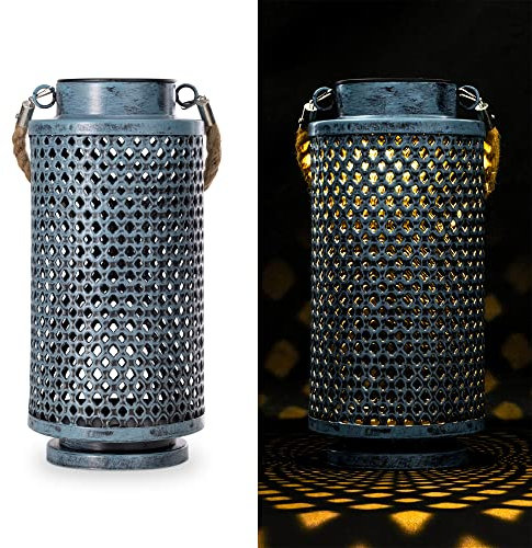 Navaris LED Solarlaterne zylindrisch für außen - mit Tragegriff - cooler Schatteneffekt - Orientalische Garten Solar Laterne - Gartendeko Lampe Blau