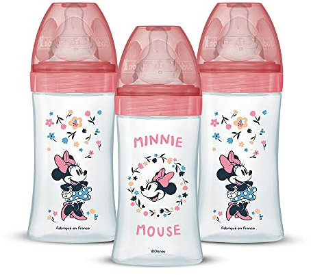 Dodie Lot de 3 Biberons Anti-Colique Initiation+, Minnie, 270mL,0-6 Mois, tétine Ronde, Débit 2