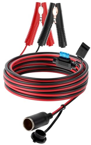 QWORK® Zigarettenanzünder Steckdose Verlängerungskabel 3.2M 16AWG mit Sicherungshalter und 12V/24V KFZ Batterie Polklemme Krokodilklemmen, Inklusive 15A 25A Sicherung