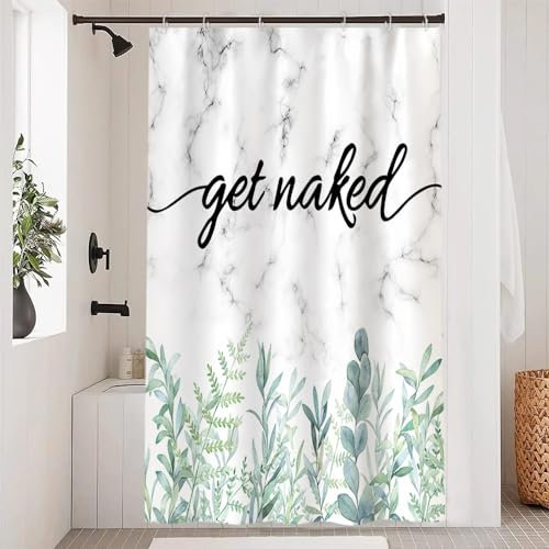 Uiiooazy Duschvorhang Get Naked, Duschvorhang 120x200cm Anti Schimmel Grüne Blätter Eukalyptus Marmor Grau Duschvorhänge Wasserdicht Polyester Stoff Waschbar Bad Vorhang mit 8 Haken für Badezimmer