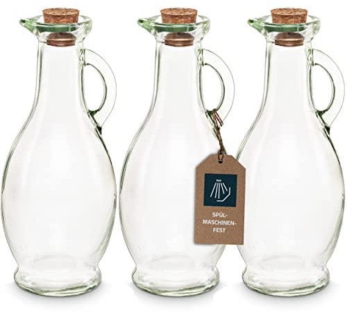 Leere Glasflasche/Ölflasche zum Befüllen, 250 ml Karaffe mit Korken, für Öl, Essig, Wein, Liköre zu Mahlzeiten oder Sahne & Milch zum Kaffee, 3 Stück